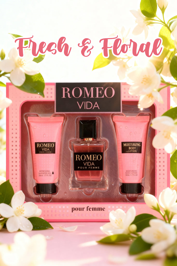 ROMEO VIDA SHOWER GEL, SPRAY PERFUME EAU DE PARFUM, BODY LOTION FOR WOMEN 50ML/1.7FL.OZ /GIFT SET