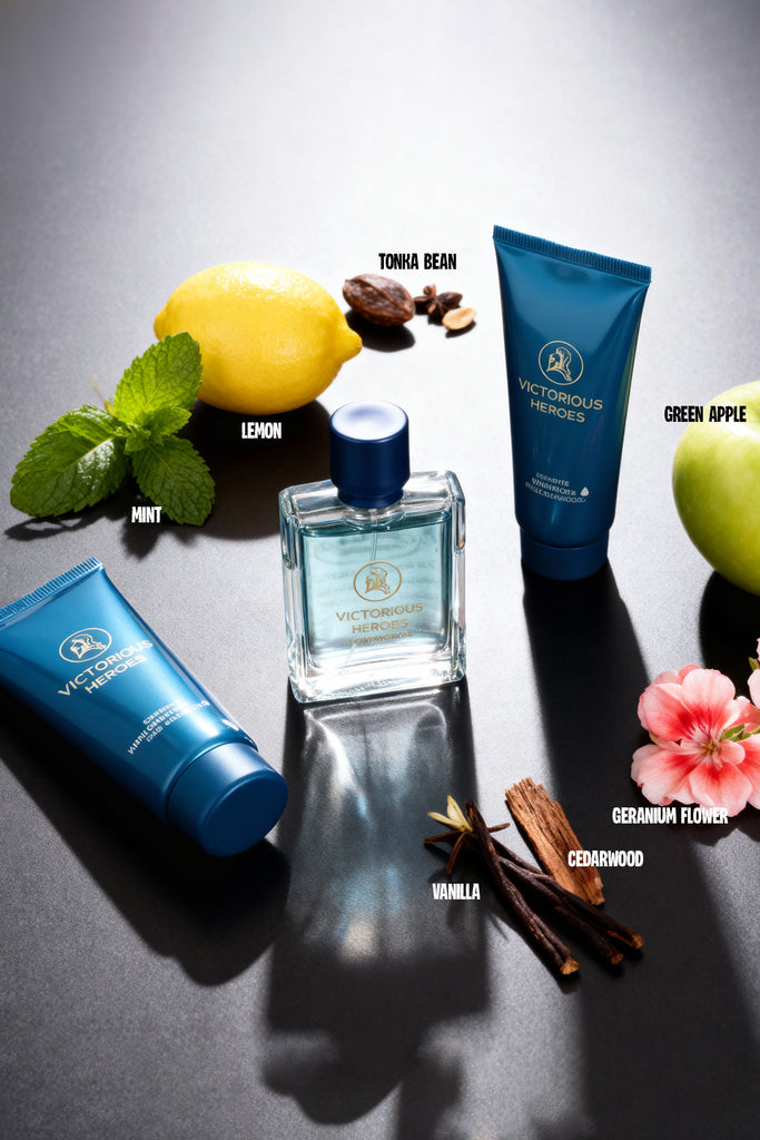 VICTORIOUS HEROES AFTER SHAVE CREAM, SPRAY PERFUME EAU DE TOILETTE, SHOWER GEL FOR MEN 50ML/1.7FL.OZ /GIFT SET