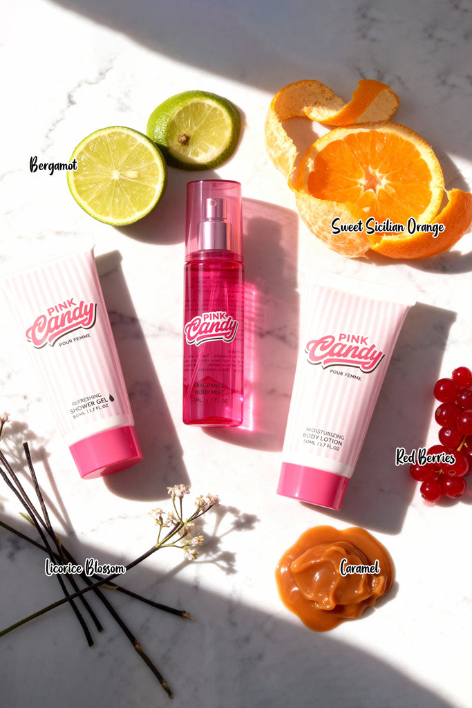 PINK CANDY REFRESHING SHOWER GEL, FRAGRANCE BODY MIST, MOISTURIZING BODY LOTION FOR WOMEN 50ML/1.7FL.OZ /GIFT SET POUCH
