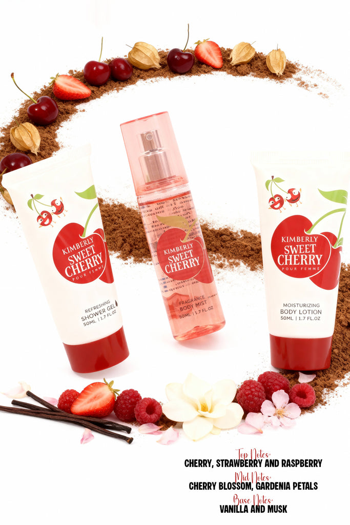 KIMBERLY SWEET CHERRY REFRESHING SHOWER GEL, FRAGRANCE BODY MIST, MOISTURIZING BODY LOTION FOR WOMEN 50ML/1.7FL.OZ /GIFT SET POUCH