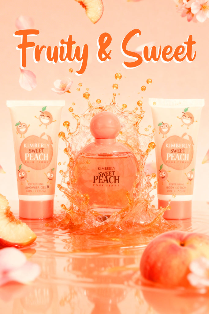 KIMBERLY SWEET PEACH SHOWER GEL, SPRAY PERFUME EAU DE PARFUM, BODY LOTION FOR WOMEN 50ML/1.7FL.OZ /GIFT SET