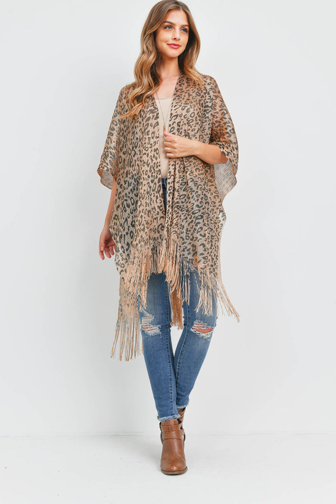 SEMI SEE THROUGH LEOPARD PRINT FRINGE KIMONO
