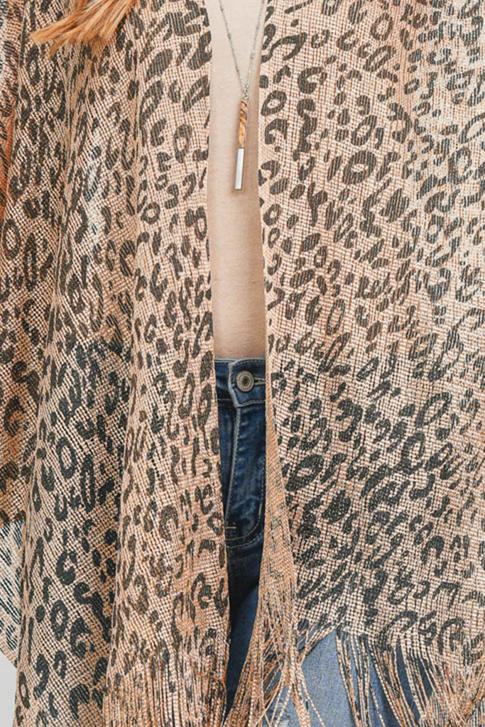 SEMI SEE THROUGH LEOPARD PRINT FRINGE KIMONO