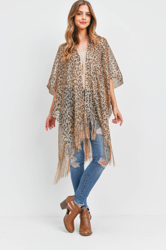 SEMI SEE THROUGH LEOPARD PRINT FRINGE KIMONO