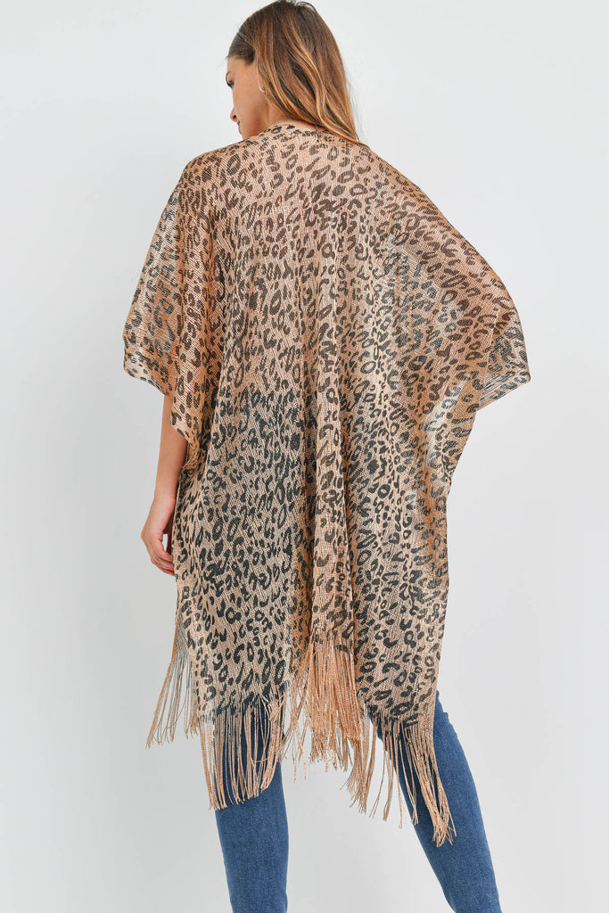 SEMI SEE THROUGH LEOPARD PRINT FRINGE KIMONO