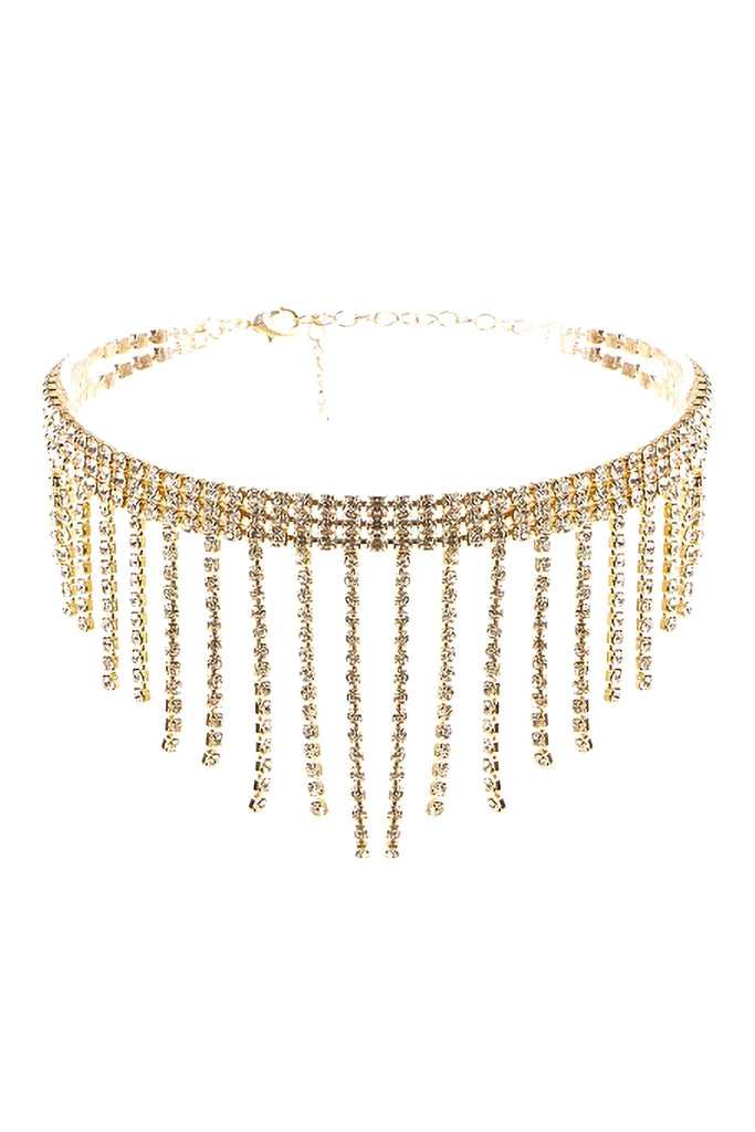 RHINESTONE FRINGE DANGLE CHOKER NECKLACE
