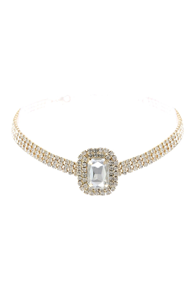 BIG RECTANGLE RHINESTONE 3 ROW CHOKER NECKLACE