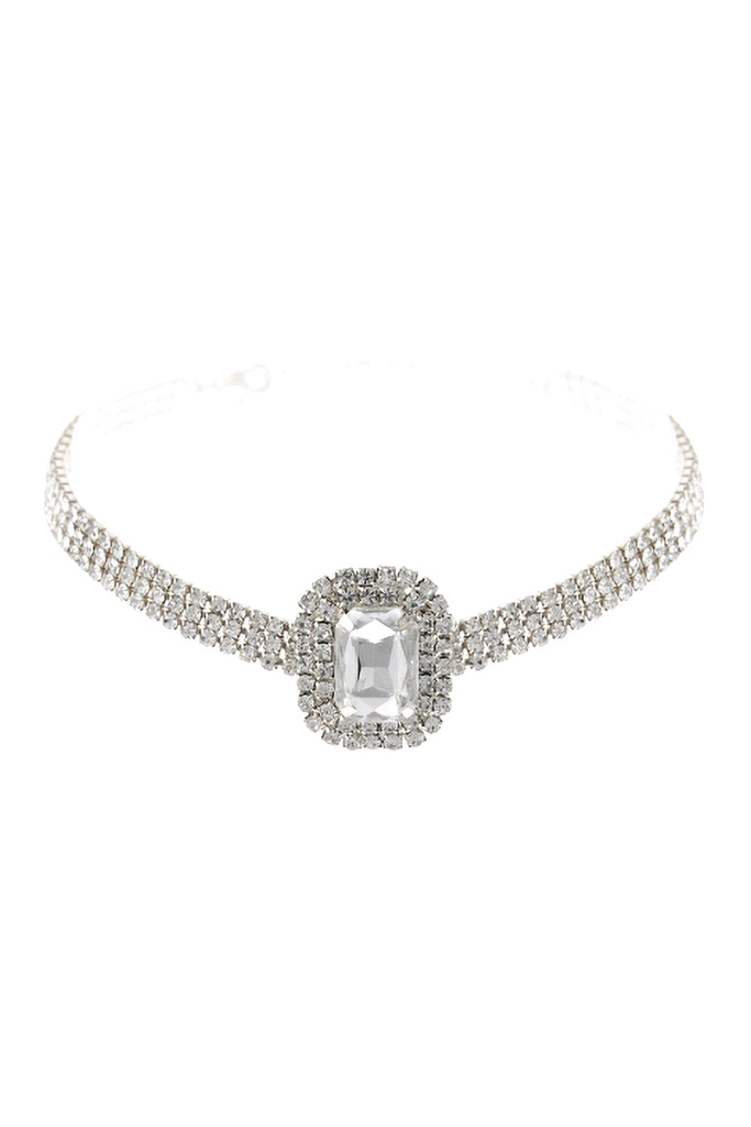 BIG RECTANGLE RHINESTONE 3 ROW CHOKER NECKLACE