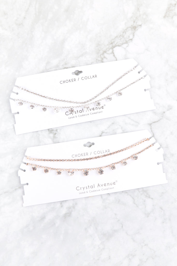RHINESTONE LAYERED DAINTY CHOKER COLLAR NECKLACE