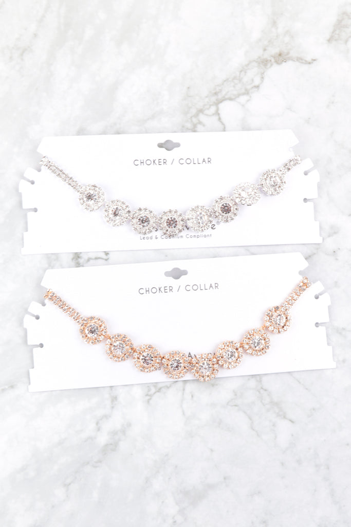 RHINESTONE ROUND HALO CHOKER COLLAR NECKLACE