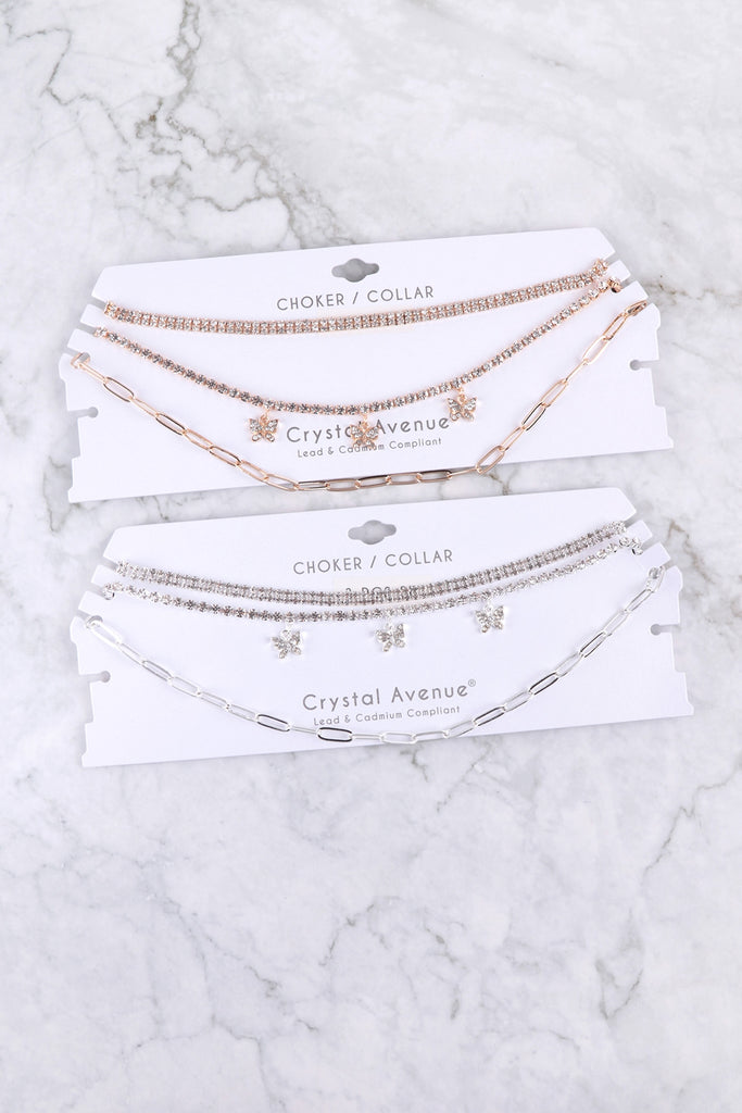 RHINESTONE BUTTERFLY CHARM 3 SET NECKLACE