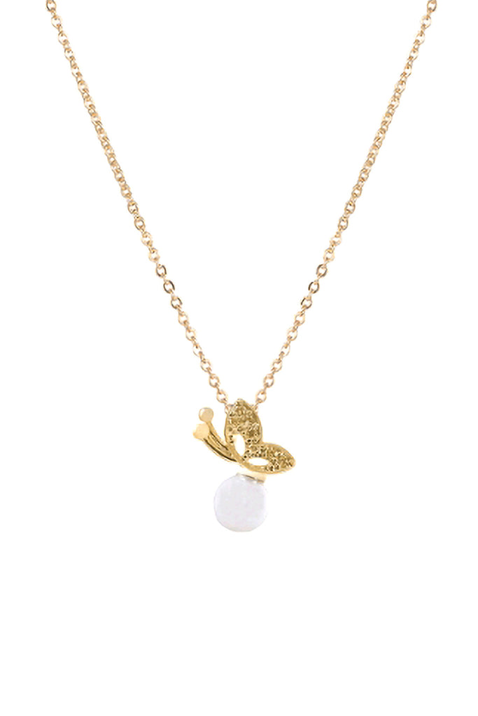 CUBIC ZIRCONIA SIDE BUTTERFLY W/ PEARL NECKLACE