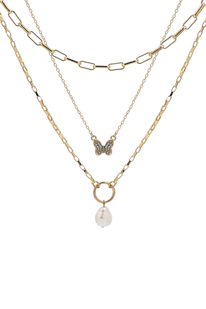 FRESH WATER PEARL W/ BUTTERFLY LAYERED 3 SET CHAIN NECKLACE