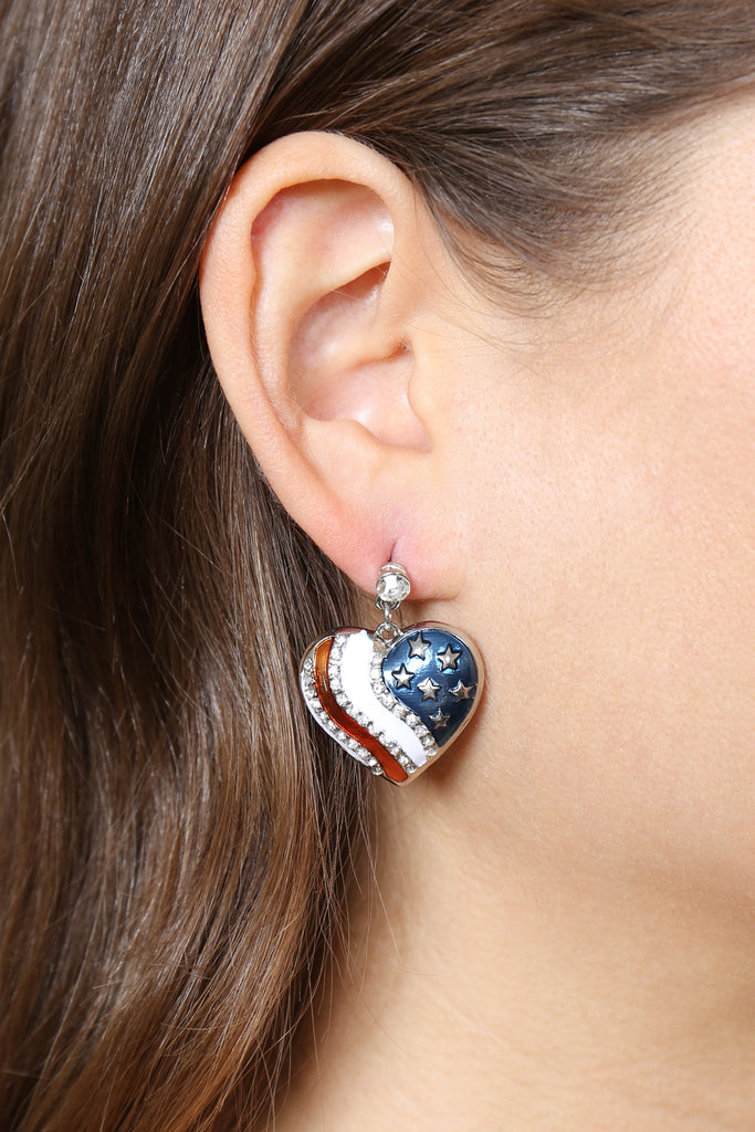 AMERICAN FLAG HEART ACCENT EARRINGS