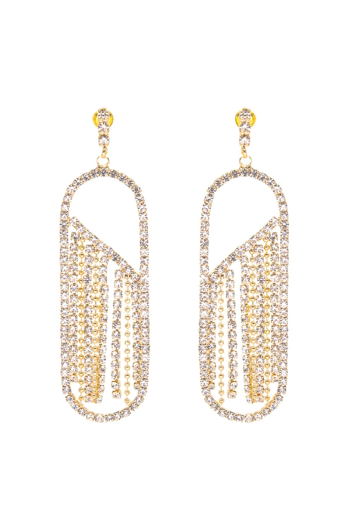 RHINESTONE OVAL FRINGE POST DROP EARRINGS