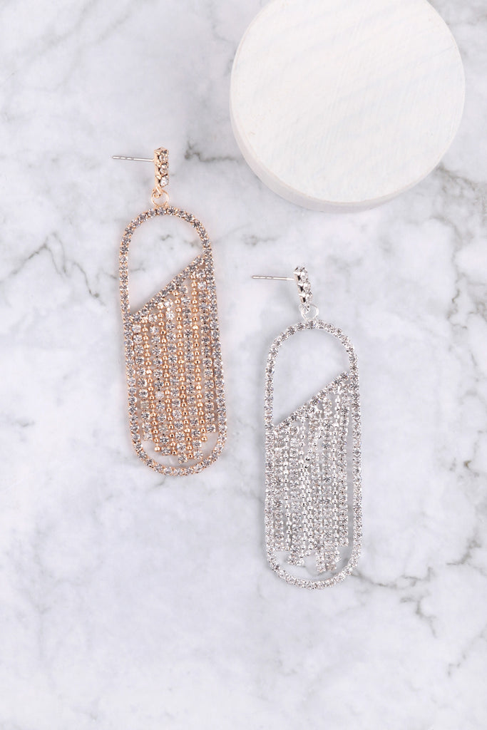 RHINESTONE OVAL FRINGE POST DROP EARRINGS