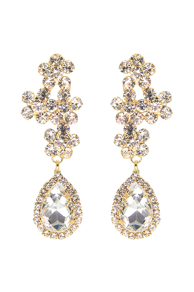 RHINESTONE CLUSTER FLOWER TOP TEARDROP EARRINGS