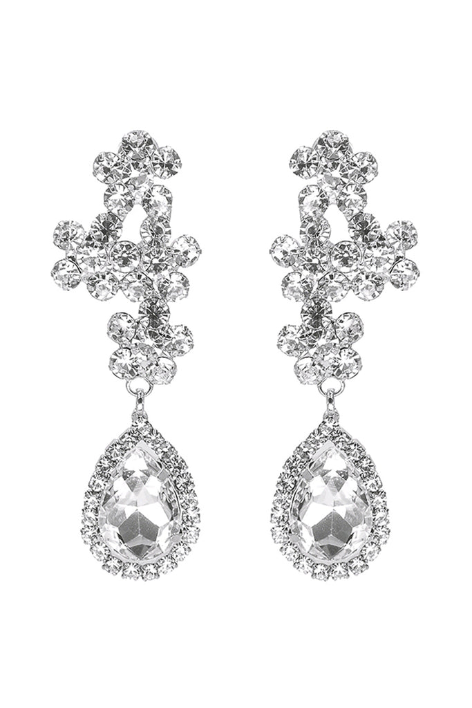 RHINESTONE CLUSTER FLOWER TOP TEARDROP EARRINGS