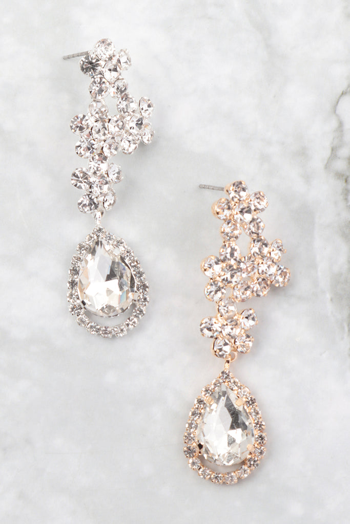 RHINESTONE CLUSTER FLOWER TOP TEARDROP EARRINGS