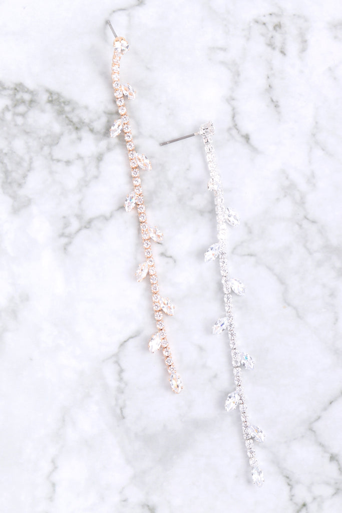 CUBIC ZIRCONIA BRANCH LEAVES POST DANGLE EARRINGS