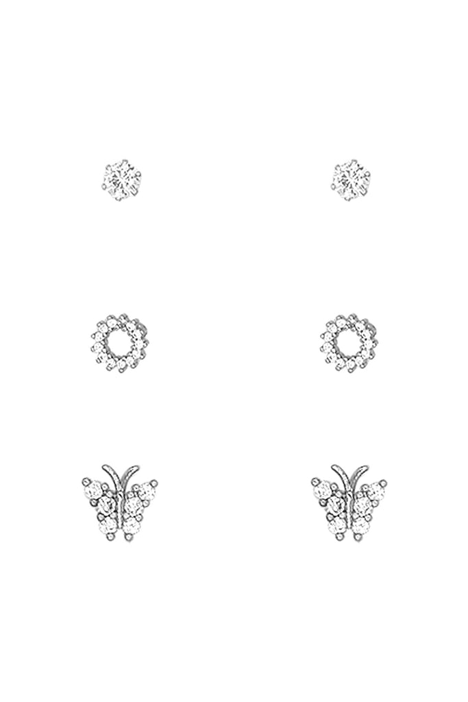 CUBIC ZIRCONIA BUTTERFLY ROUND 3 PAIR STUD EARRINGS
