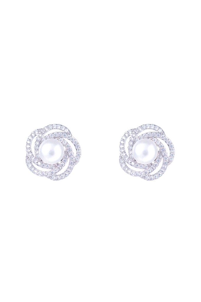 CUBIC ZIRCONIA FLOWER CENTER PEARL STUD EARRINGS