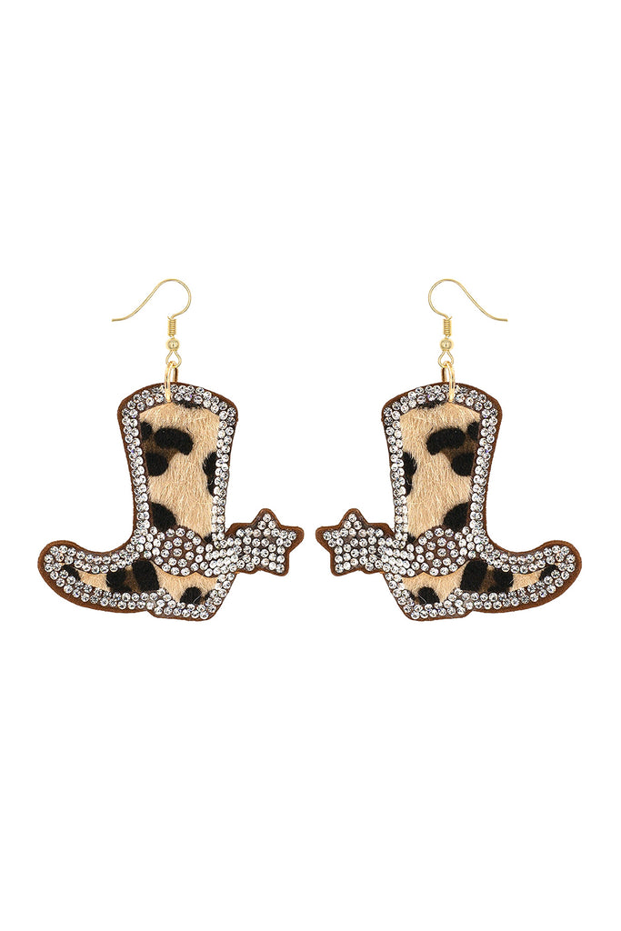 ANIMAL PRINT W/ RHINESTONE CUSHION LEATHER DROP EARRINGS - Riah Fashion