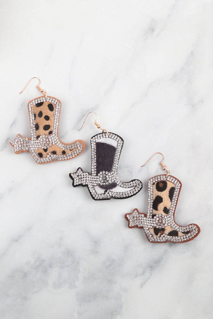ANIMAL PRINT W/ RHINESTONE CUSHION LEATHER DROP EARRINGS - Riah Fashion