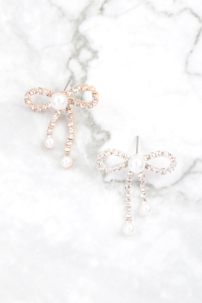 RHINESTONE PEARL BOW EARRINGS