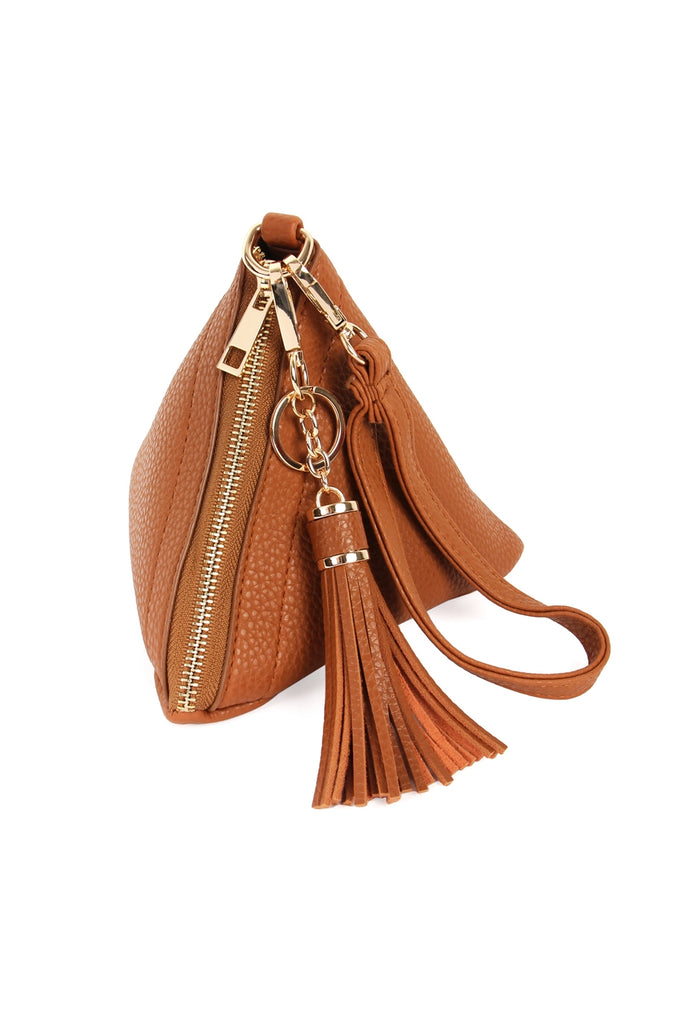 PYRAMID SHAPE TASSEL WRISTLET LEATHER BAG