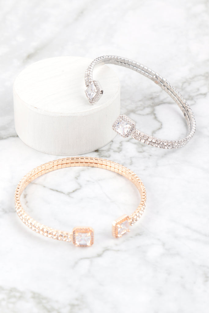 RHINESTONE SQUARE CUBIC ZIRCONIA 2 LINE CUFF BRACELET