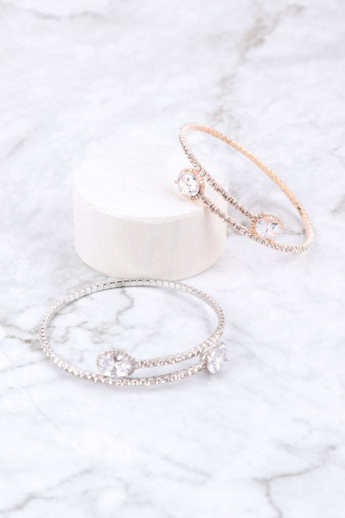 RHINESTONE OVAL CUBIC ZIRCONIA 1 LINE WIRE CUFF BRACELET