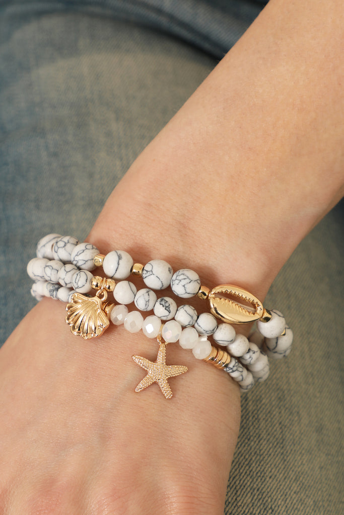 NATURAL STONE SEA SHELL CHARM BRACELET SET