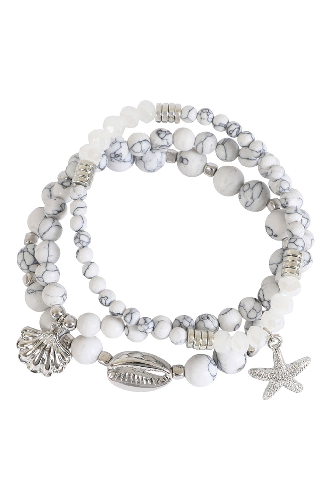 NATURAL STONE SEA SHELL CHARM BRACELET SET