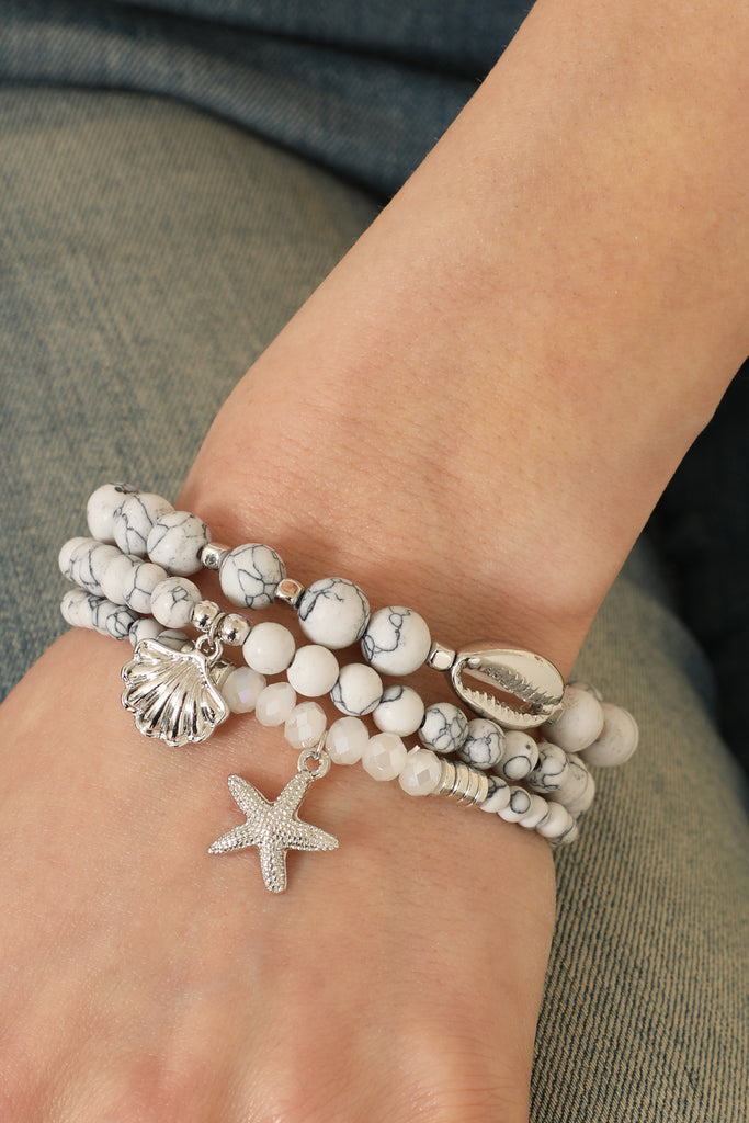 NATURAL STONE SEA SHELL CHARM BRACELET SET