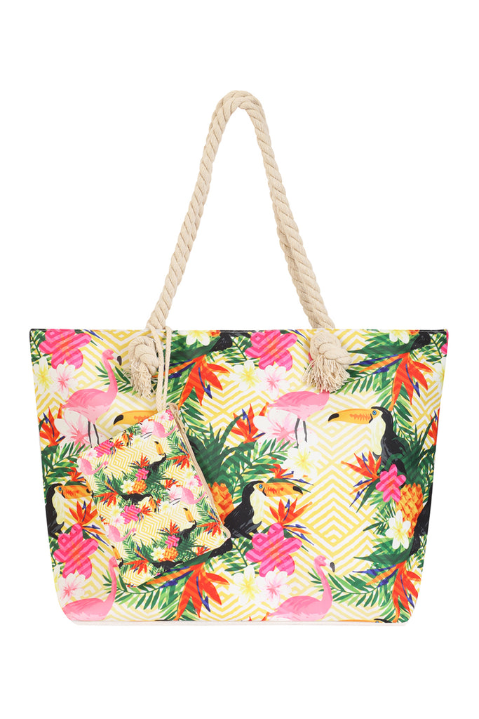 TROPICAL BIRD PRINT TOTE BAG WITH MATCHING WALLET