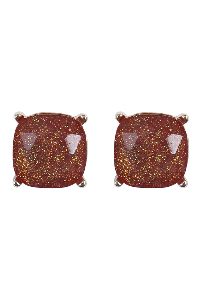 AE0384 - CUSHION CUT GLITTER GLASS EPOXY POST EARRINGS