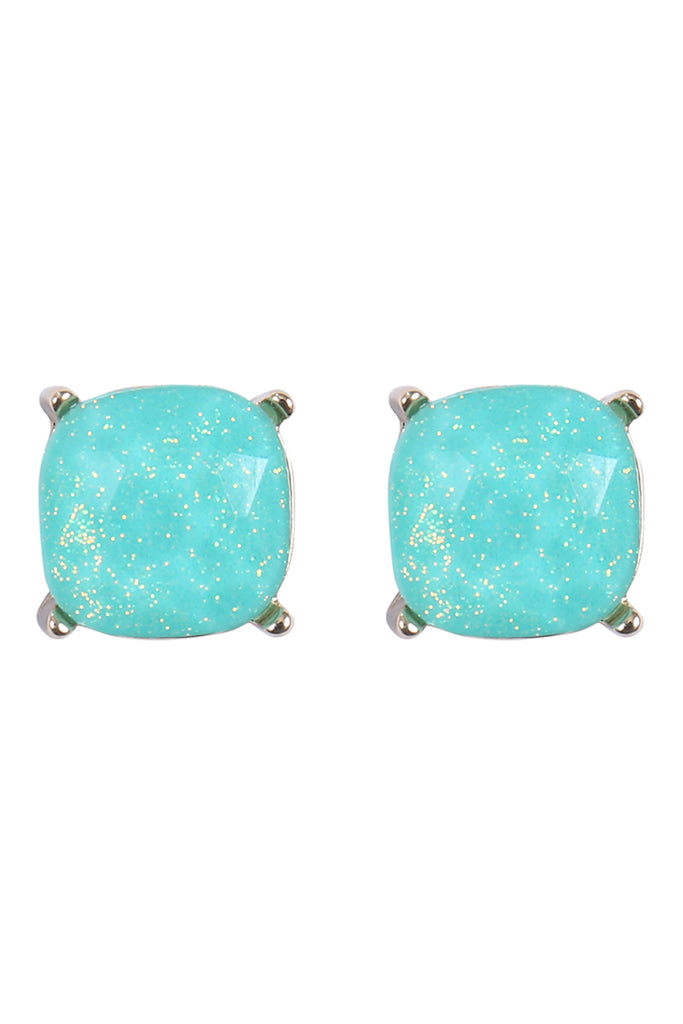 AE0384 - CUSHION CUT GLITTER GLASS EPOXY POST EARRINGS