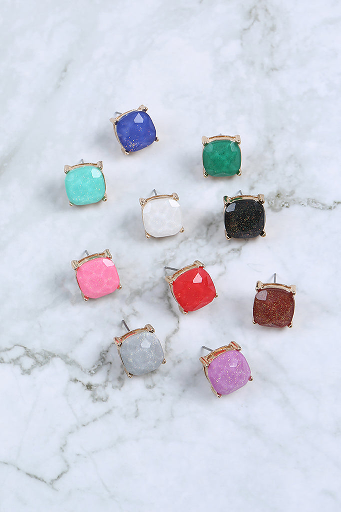 AE0384 - CUSHION CUT GLITTER GLASS EPOXY POST EARRINGS