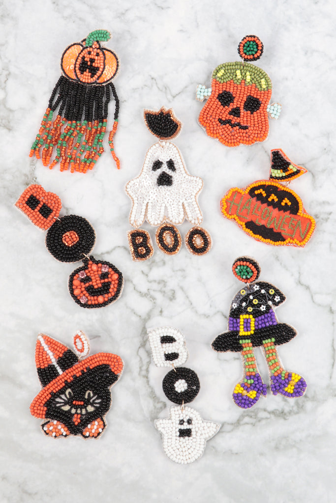HALLOWEEN GHOST SEQUIN AND SEED BEADS DROP EARRINGS