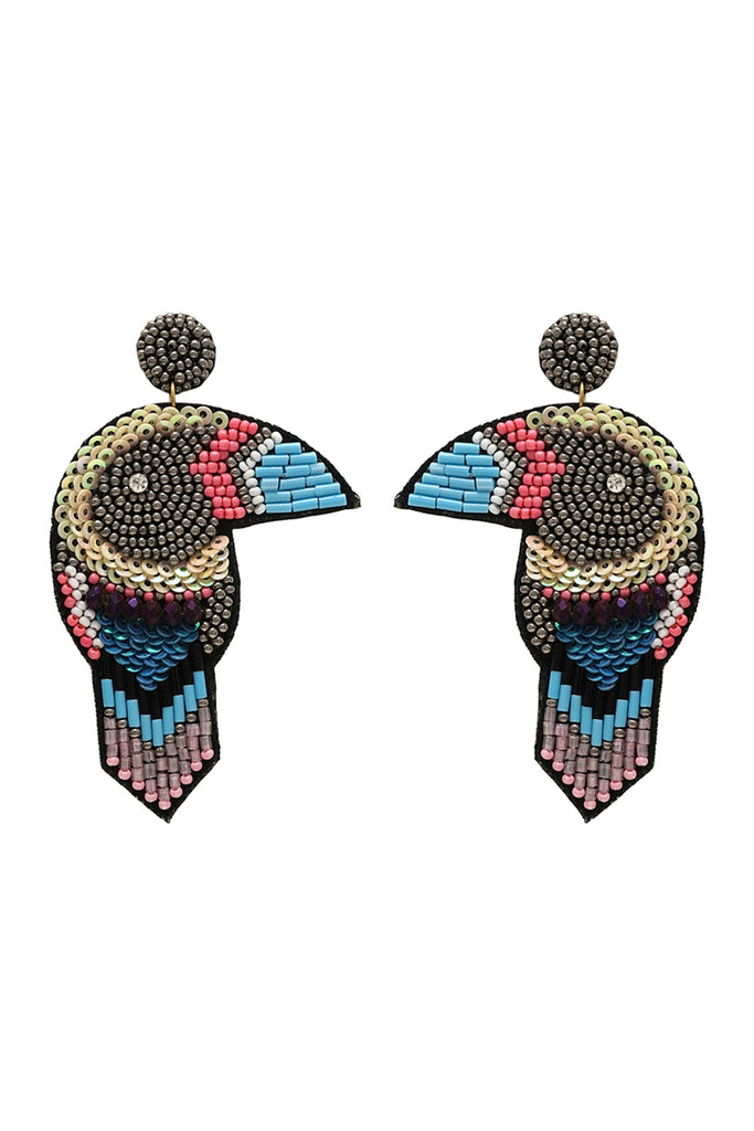 TROPICAL TOUCAN BIRD SEED BEAD PATTERN POST DANGLE EARRINGS