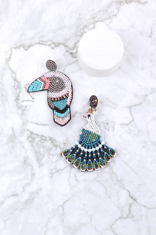 PASTEL BLUE PRINTED LEATHER TASSEL HOOK EARRING