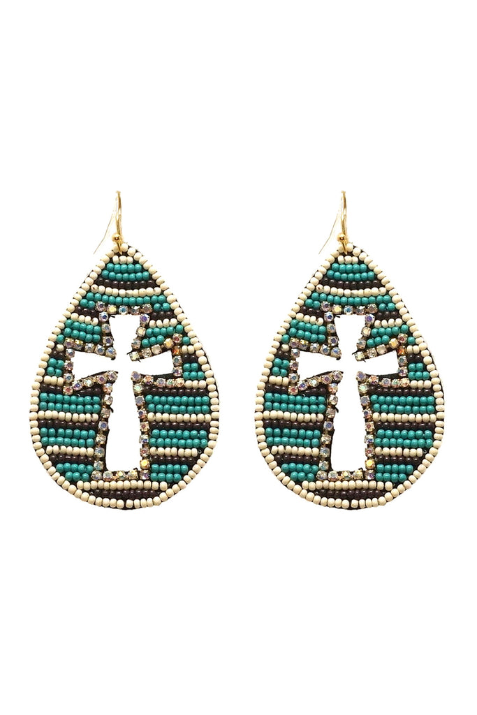 WESTERN SEED BEAD CROSS PATTERN TEARDROP EARRINGS