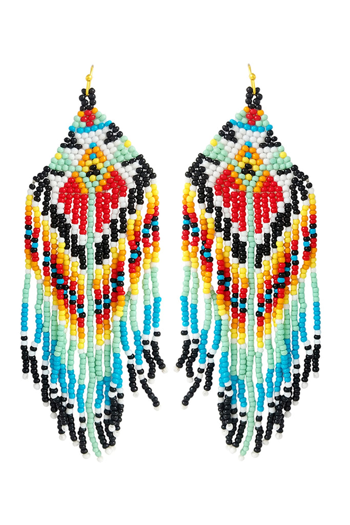WESTERN STYLE AZTEC SEED BEAD FRINGE DROP EARRINGS