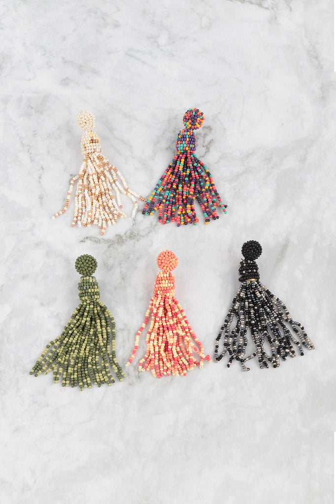 TASSEL FRINGE SEED BEAD DROP POST EARRINGS