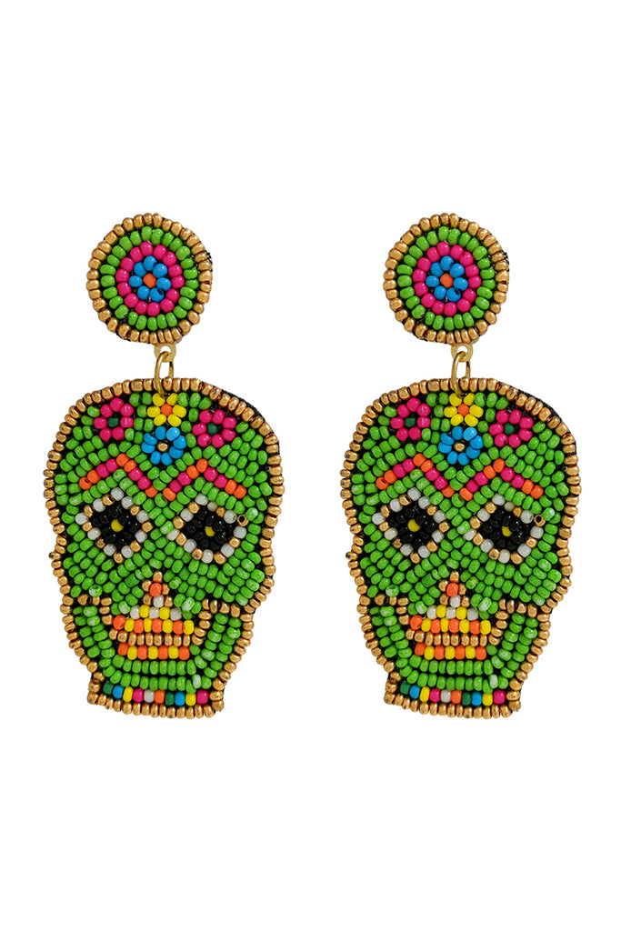 (HALLOWEEN) SUGAR SKULL SEED BEAD PATTERN DANGLE POST EARRINGS