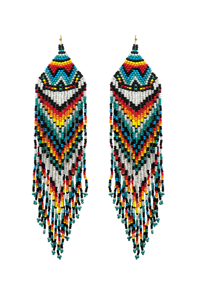 WESTERN STYLE AZTEC SEED BEAD FRINGE DROP EARRINGS