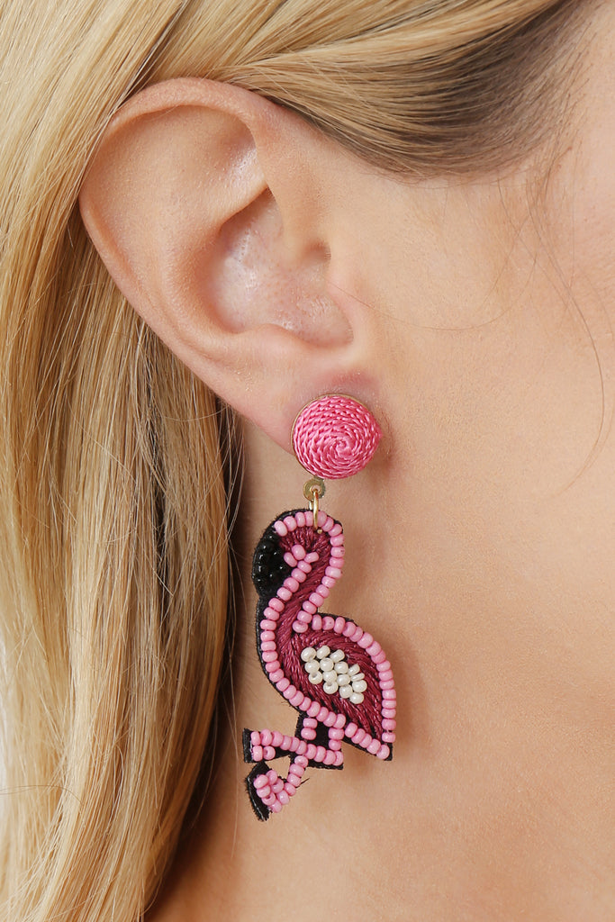 TROPICAL FLAMINGO SEED BEAD POST DROP EARRINGS