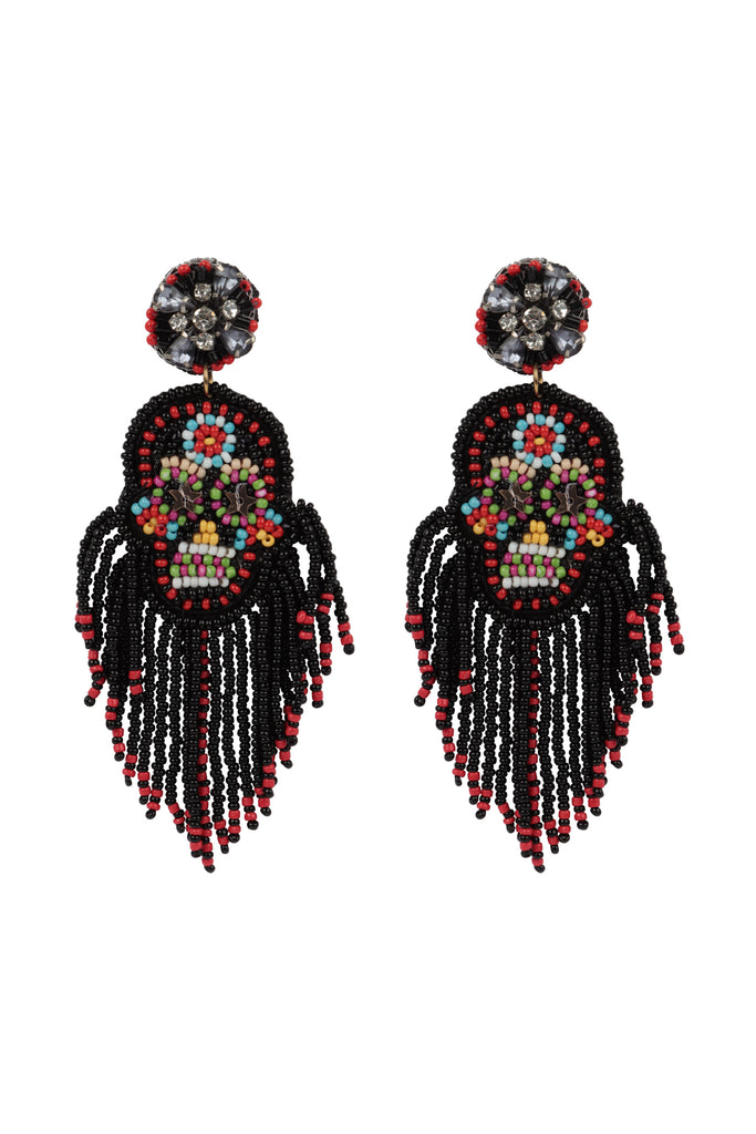 HALLOWEEN SKULL SEED BEADS FRINGE POST EARRINGS-