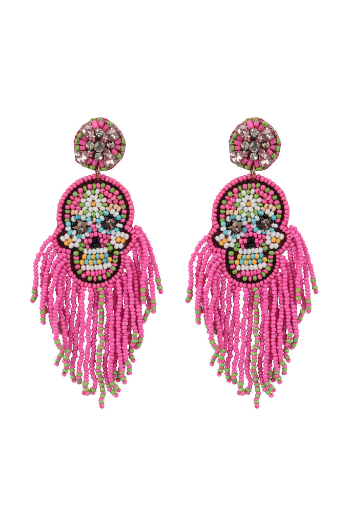 HALLOWEEN SKULL SEED BEADS FRINGE POST EARRINGS-